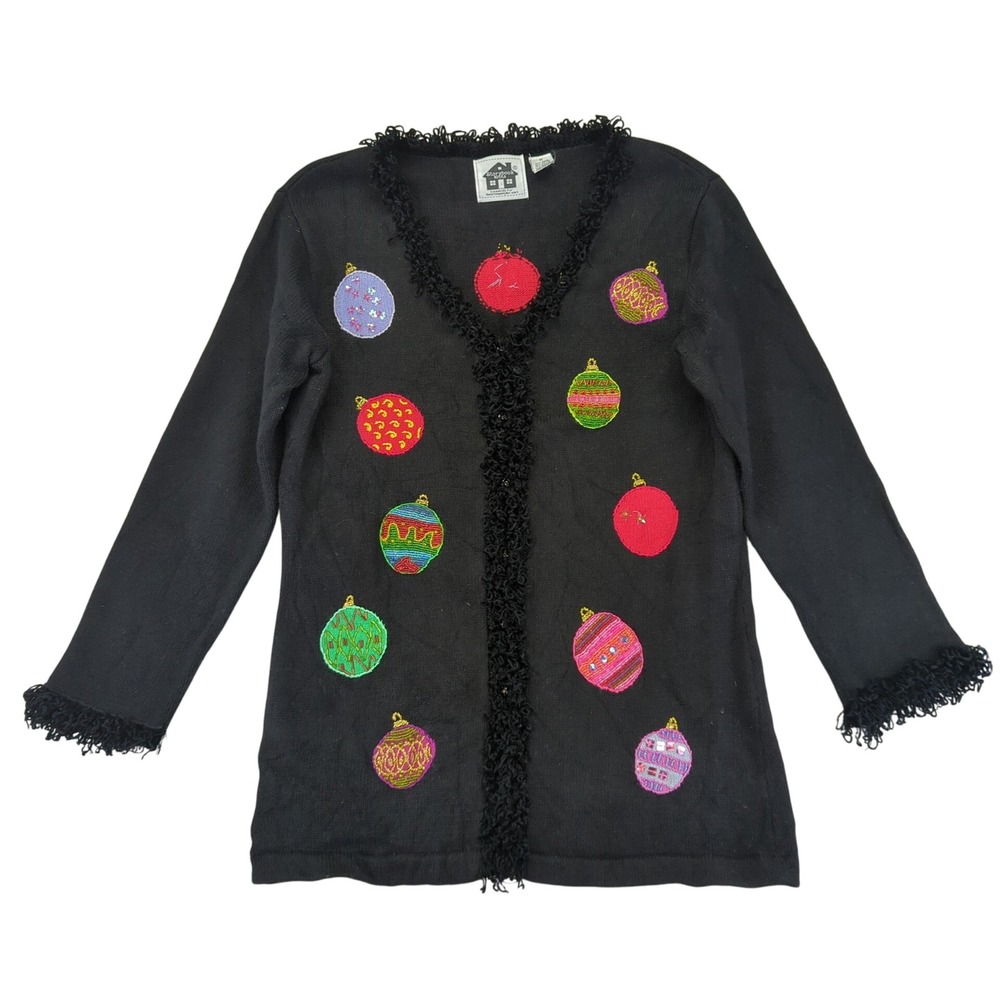 Storybook Knits Women's Black Ornament Christmas Cardigan Sweater‎ Size Medium